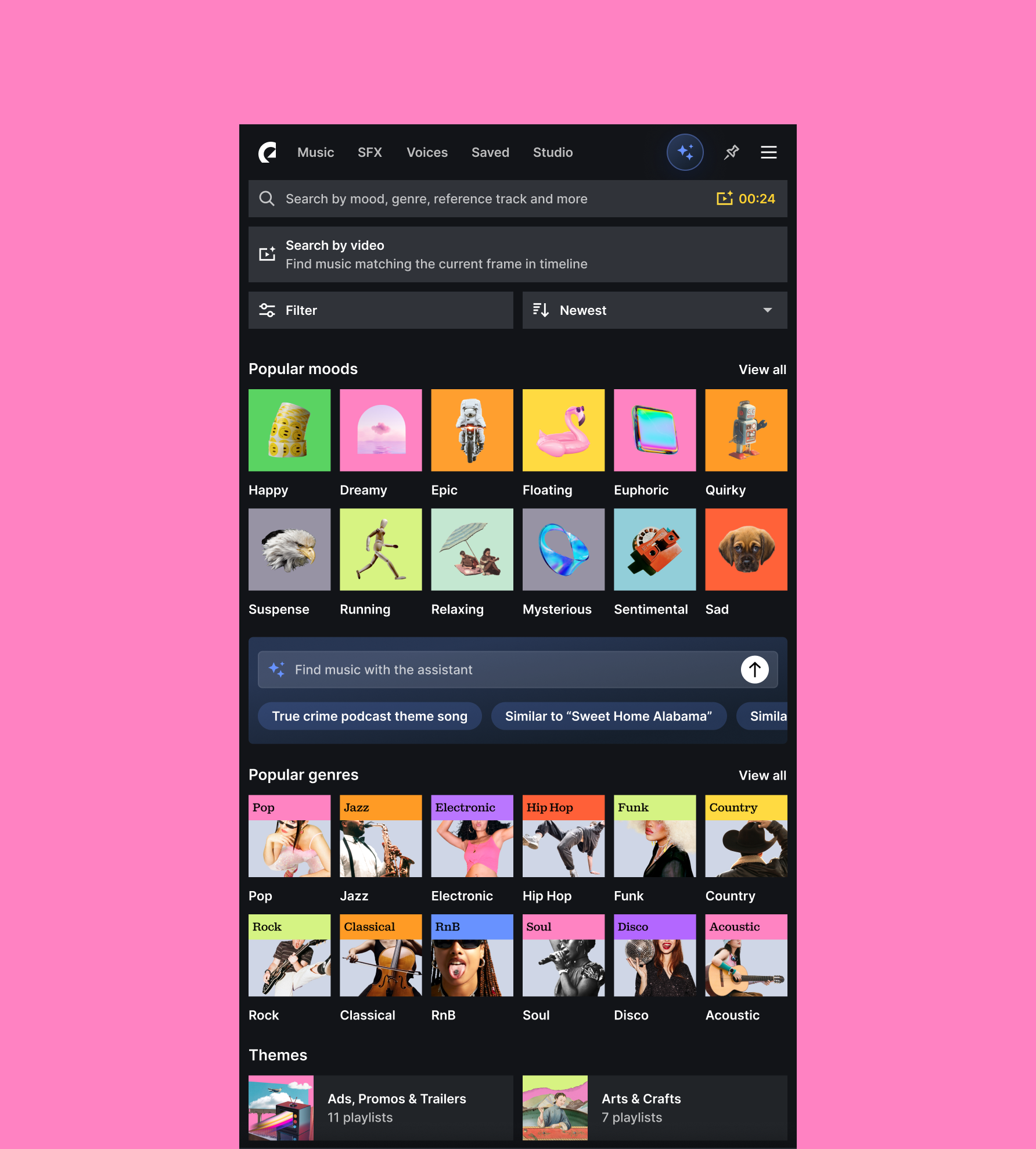 Plugin — the assistant entry point inside search, below moods and genres