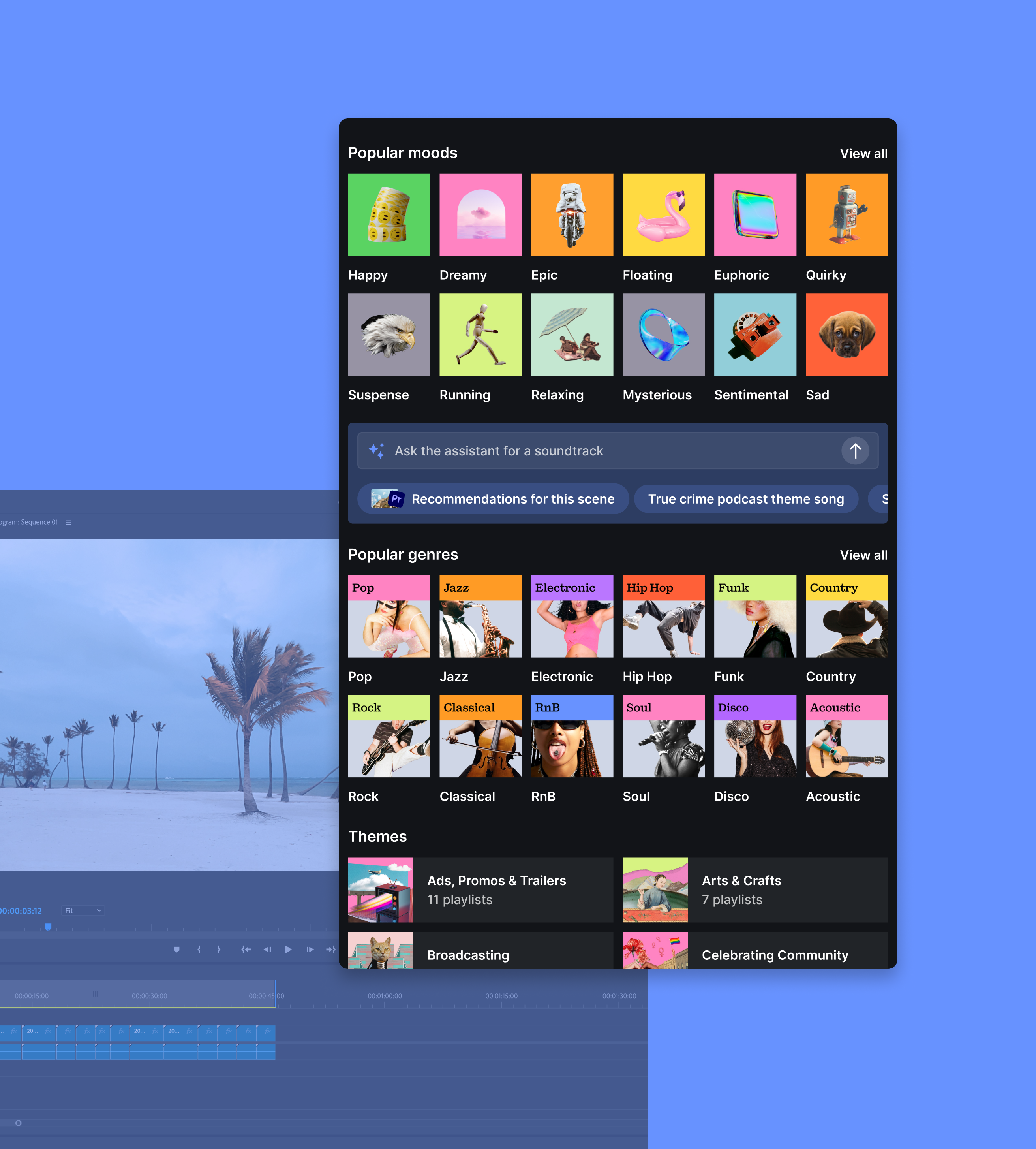 Plugin — the assistant panel over an editor timeline, offering recommendations for the current scene