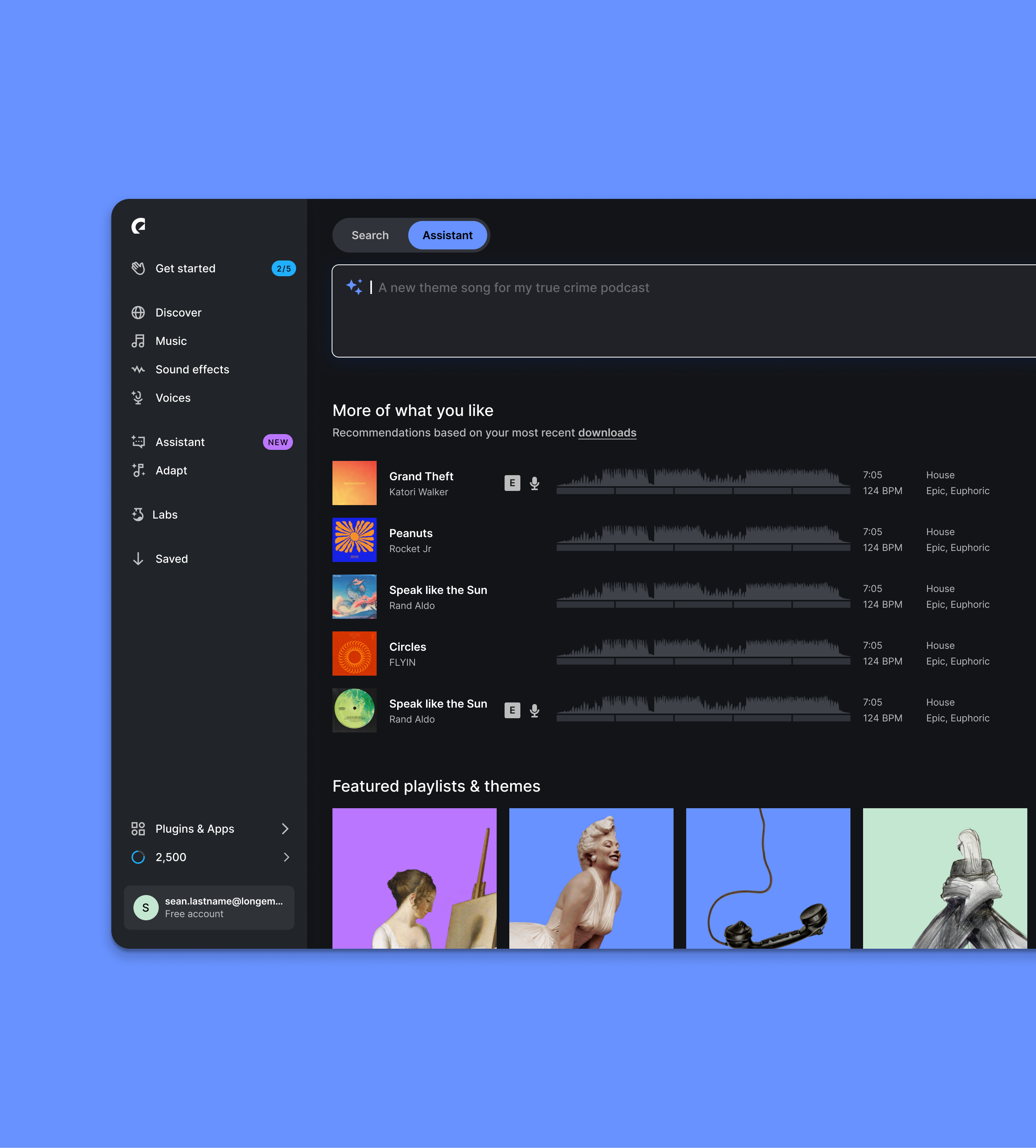 Web — the search and assistant toggle, a written prompt, and recommendations below