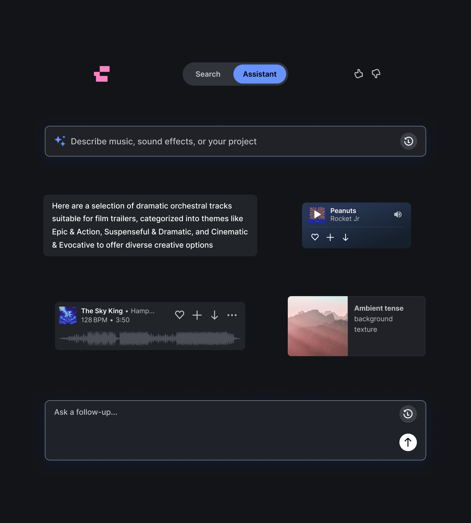 Assistant components — search and assistant toggle, prompt field, track and prompt cards